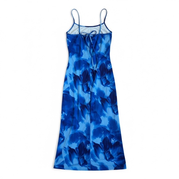 NWT ANGASHION Blue Floral Maxi Dress Strappy Tie Back Slip Sundress M - Picture 3 of 6